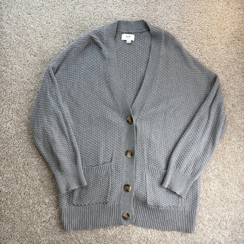 Aerie Cardigan Sweater Womens S Gray Waffle-Knit V Neck Button Pockets Relaxed